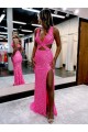 Best Long V-Neck Sleeveless Sweep Train Velvet Sequin Prom Dress with High Slit UK