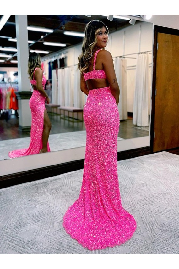 Best Long V-Neck Sleeveless Sweep Train Velvet Sequin Prom Dress with High Slit UK