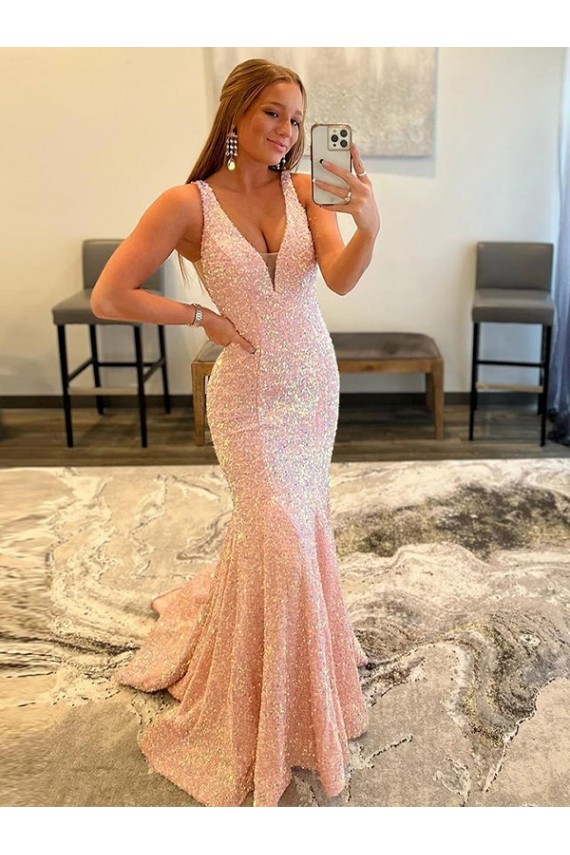 Best Deep V-Neck Sleeveless Long Low Back Velvet Sequin Prom Dress UK