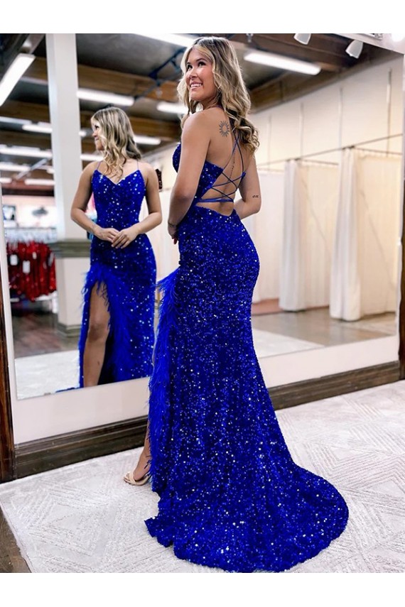 Best V-Neck Sleeveless Long Velvet Sequin Royal Blue Prom Dress with Side Slit UK