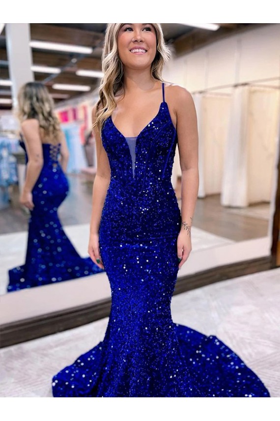 Best Mermaid V-Neck Sleeveless Long Court Train Velvet Sequin Prom Dress UK
