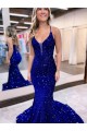 Best Mermaid V-Neck Sleeveless Long Court Train Velvet Sequin Prom Dress UK