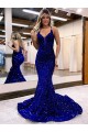 Best Mermaid V-Neck Sleeveless Long Court Train Velvet Sequin Prom Dress UK