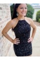 Best Halter Sleeveless Short Velvet Sequin Prom Dress UK