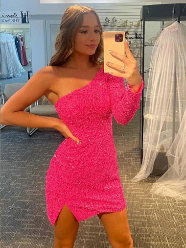 Best Short Velvet Sequin One Shoulder Long Sleeves Prom Dress UK