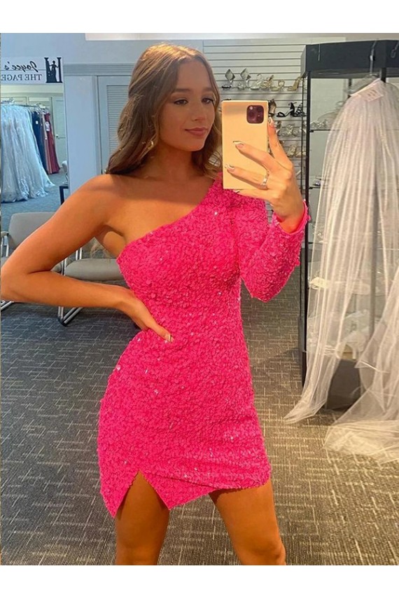 Best Short Velvet Sequin One Shoulder Long Sleeves Prom Dress UK