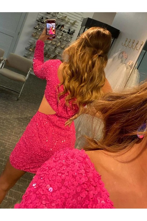 Best One Shoulder Long Sleeves Short Velvet Sequin Prom Dress UK