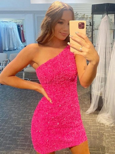 Best Short One Shoulder Sleeveless Velvet Sequin Prom Dress UK
