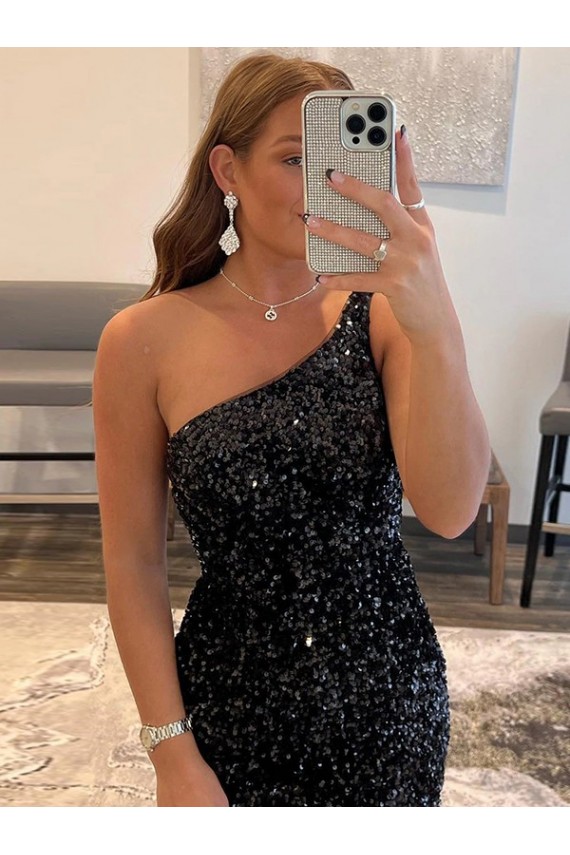 Best One Shoulder Sleeveless Short Velvet Sequin Prom Dress UK