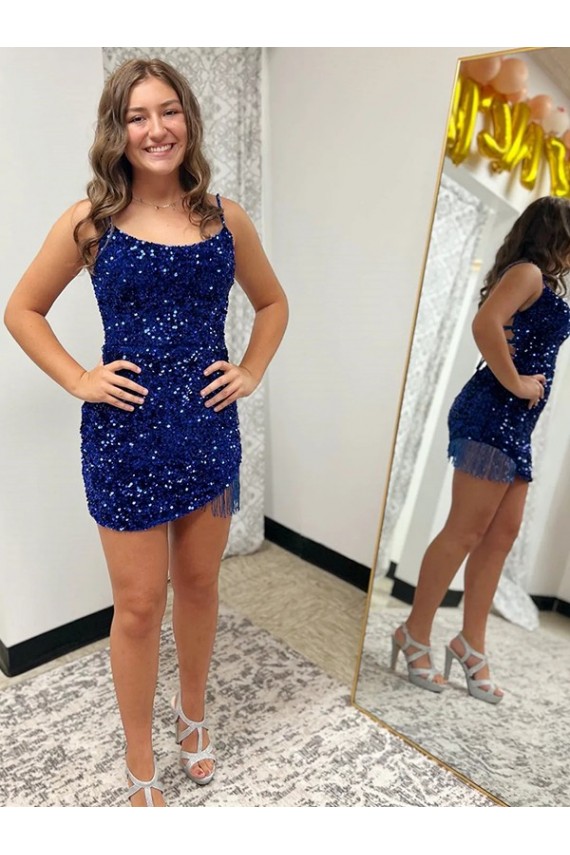 Best Spaghetti Straps Backless Sleeveless Short Velvet Sequin Prom Dress UK