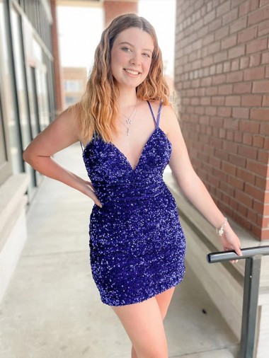 Best Sleeveless Short Velvet Sequin V-Neck Prom Dress UK