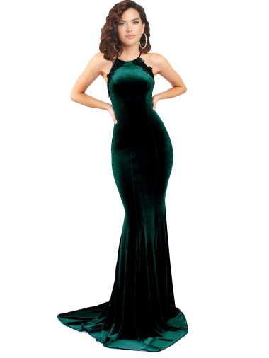 Best High Neck Formal Stretch Velvet Bridesmaid Dress / Prom Dress with Black Lace Embroidery UK