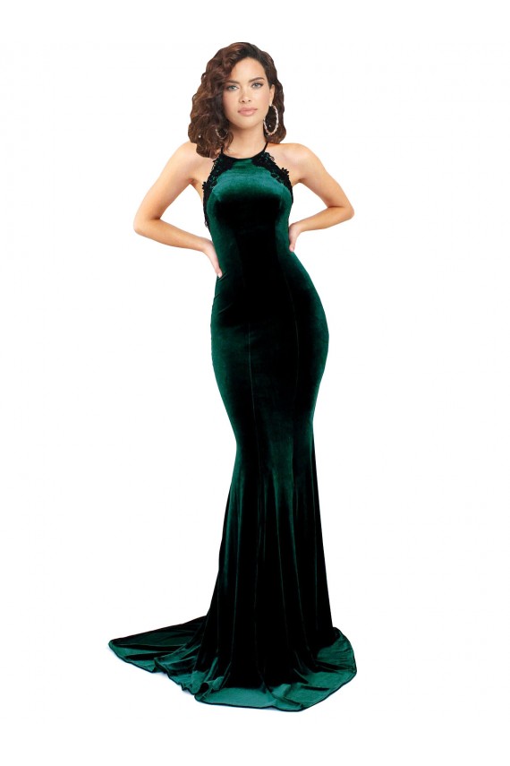 Best High Neck Formal Stretch Velvet Bridesmaid Dress / Prom Dress with Black Lace Embroidery UK
