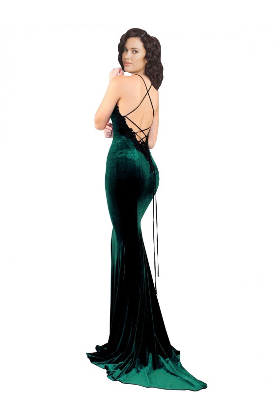 Best High Neck Formal Stretch Velvet Bridesmaid Dress / Prom Dress with Black Lace Embroidery UK