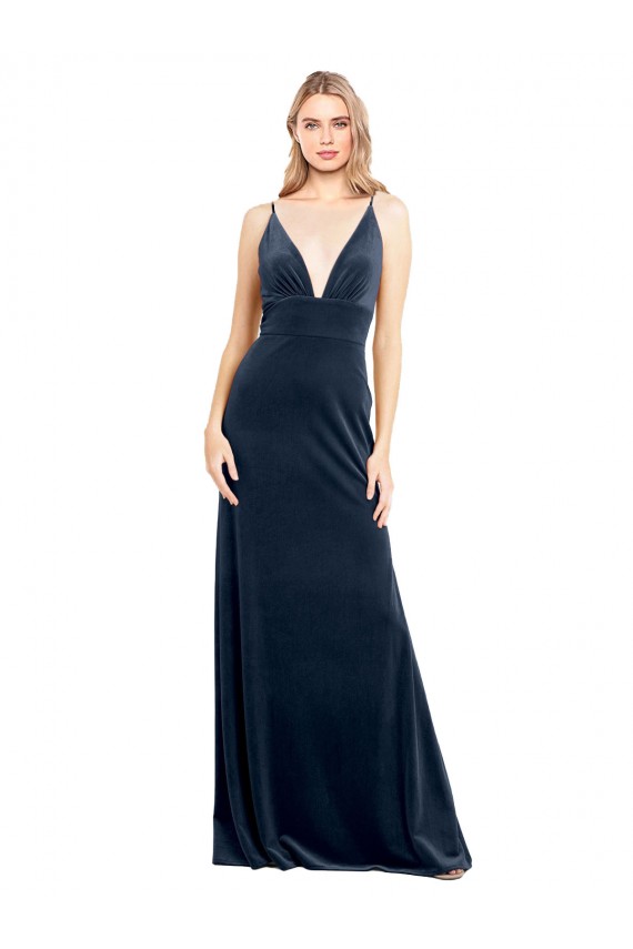 Best V-Back Long Velvet Bridesmaid Dress / Prom Dress with Notched V-Neck and Spaghetti Straps UK