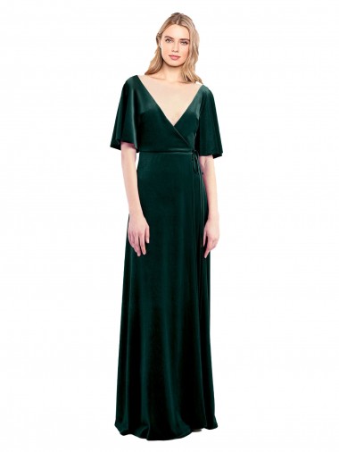 Best Deep V-Neck Flutter Sleeves Long Velvet Wrap Bridesmaid Dress / Prom Dress UK