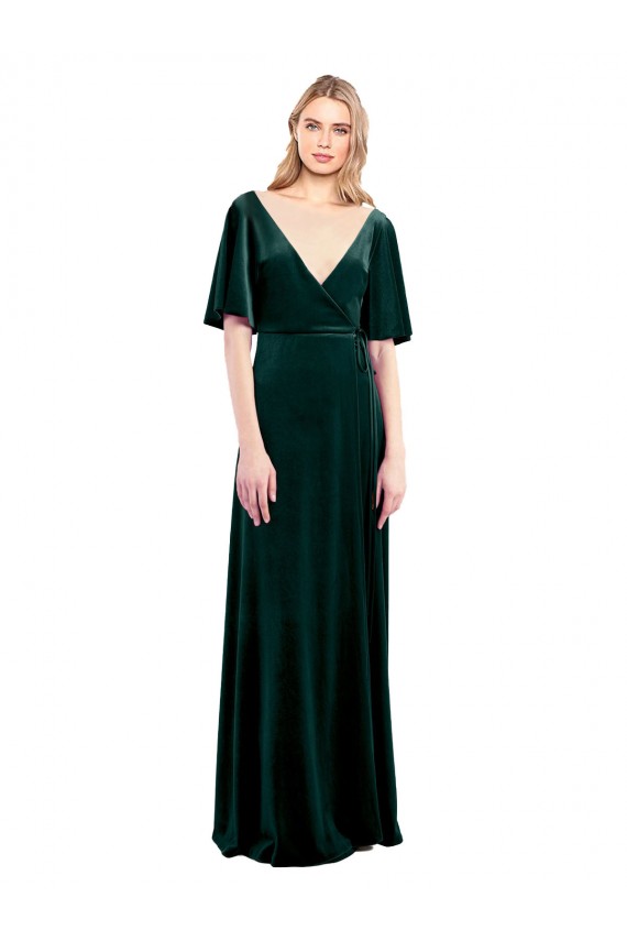 Best Deep V-Neck Flutter Sleeves Long Velvet Wrap Bridesmaid Dress / Prom Dress UK