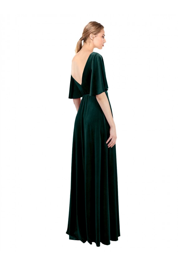 Best Deep V-Neck Flutter Sleeves Long Velvet Wrap Bridesmaid Dress / Prom Dress UK
