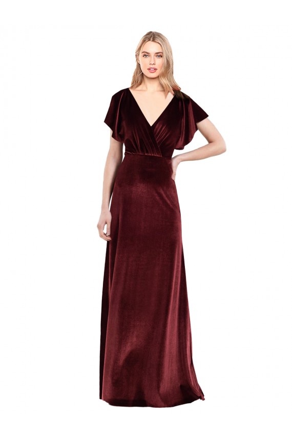 Best Flutter Sleeves Open Back Long Velvet Bridesmaid Dress / Prom Dress UK