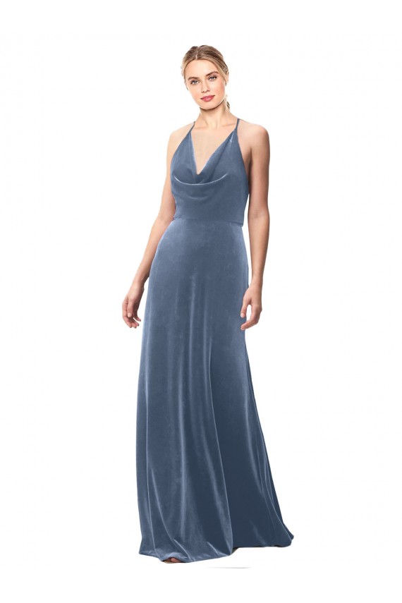 Best Halter Cowl Neck Long A-Line Velvet Bridesmaid Dress / Prom Dress with Keyhole Back UK