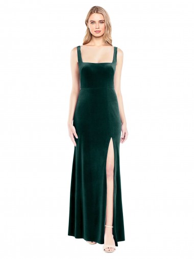 Best Square Neck Full Length Velvet Bridesmaid Dress / Prom Dress with Side Slit UK