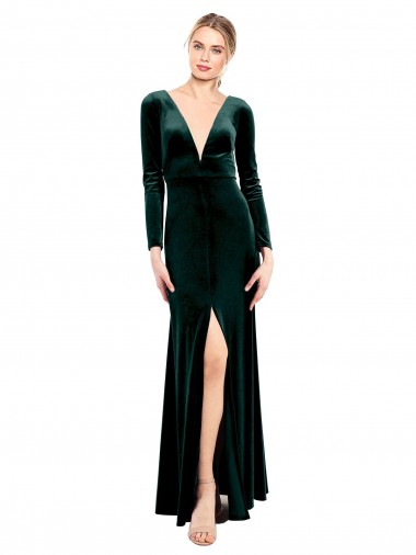 Best Plunging V-Neckline Long Sleeves Open Back Velvet Bridesmaid Dress / Prom Dress UK