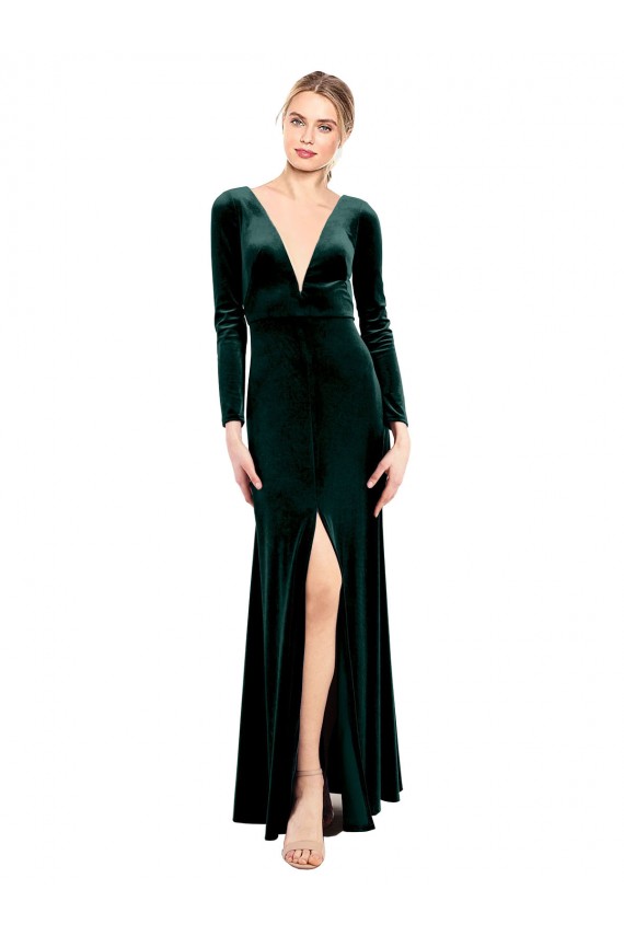 Best Plunging V-Neckline Long Sleeves Open Back Velvet Bridesmaid Dress / Prom Dress UK