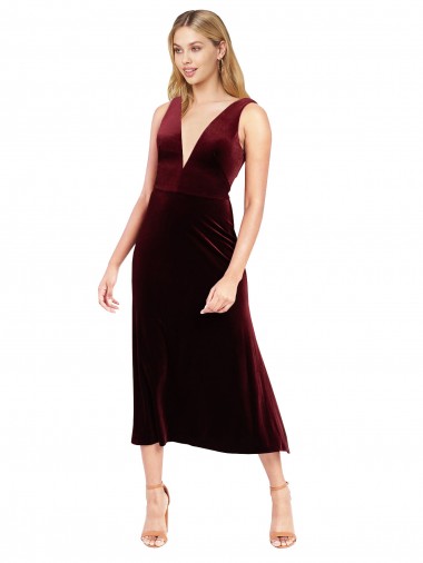 Best Daring Plunging V-Neckline Short Midi Cocktail Length Velvet Bridesmaid Dress / Prom Dress UK
