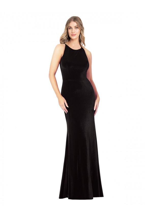 Best Vintage Velvet High Neck Formal Bridesmaid Dress / Prom Dress with Strappy Back UK