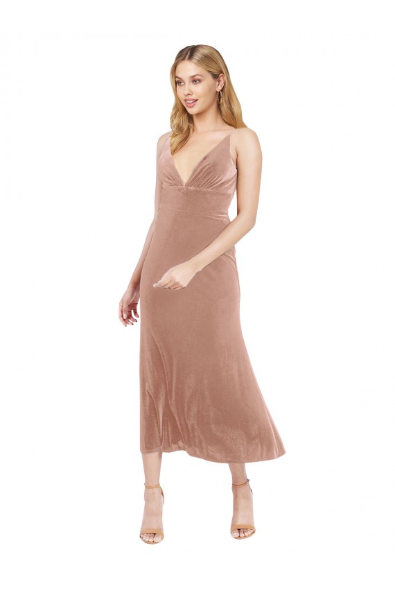 Best Midi Cocktail Length Short V-Neck Velvet Bridesmaid Dress / Prom Dress with Notched Neckline UK
