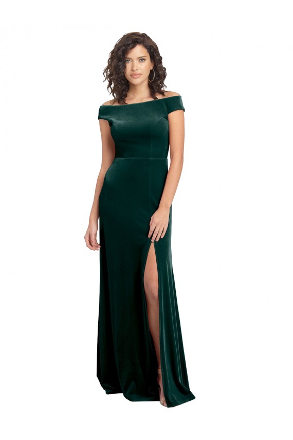 Best Floor Length Cap Sleeves Long Formal Velvet Bridesmaid Dress / Prom Dress with High Side Slit UK