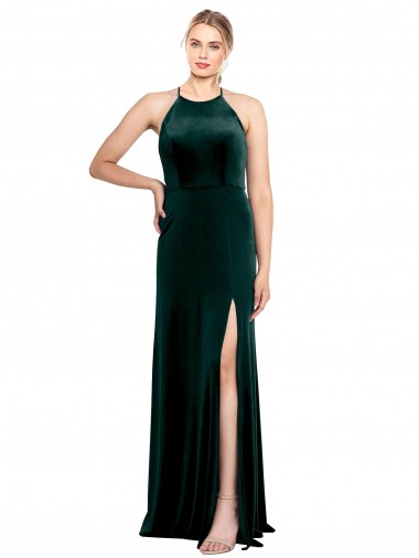 Best Long Jewel Neck Full Length Velvet Bridesmaid Dress / Prom Dress with Side Slit UK