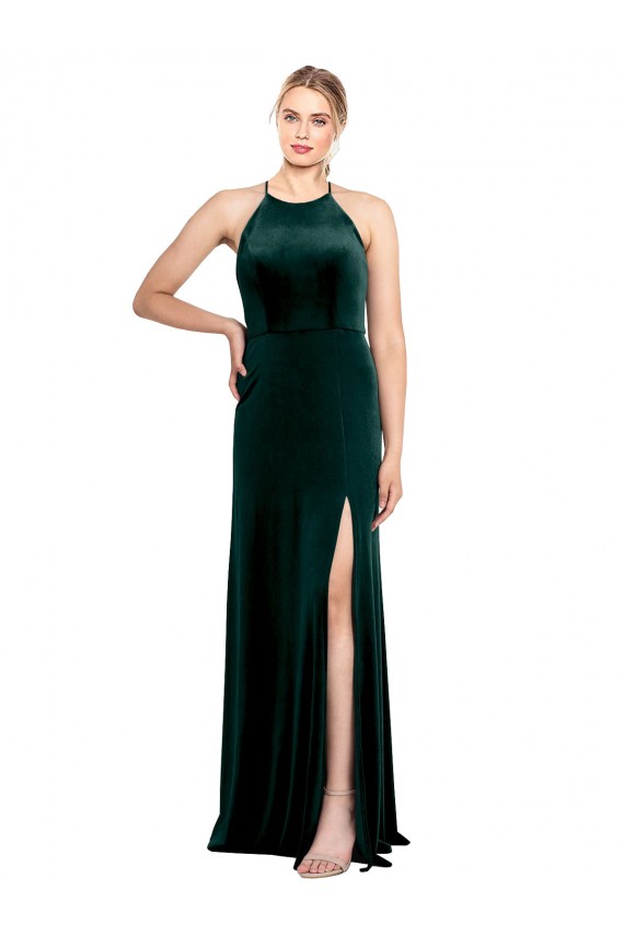 Best Long Jewel Neck Full Length Velvet Bridesmaid Dress / Prom Dress with Side Slit UK