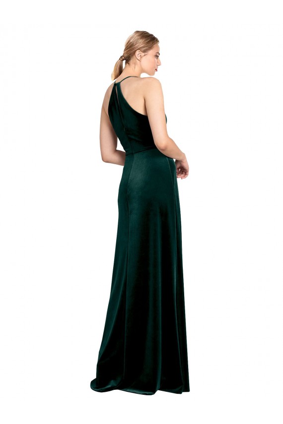 Best Long Jewel Neck Full Length Velvet Bridesmaid Dress / Prom Dress with Side Slit UK