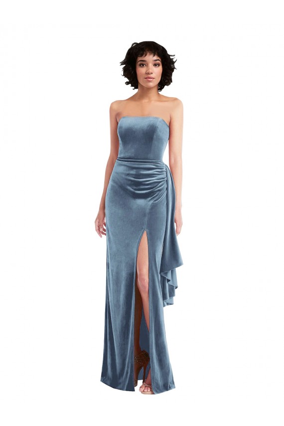 Best Strapless Formal Velvet Maxi Bridesmaid Dress / Prom Dress with Draped Skirt UK