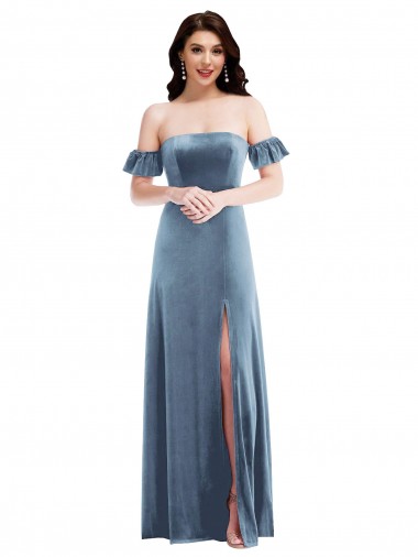Best Ruffle Sleeve Off the Shoulder Velvet Maxi Bridesmaid Dress / Prom Dress UK