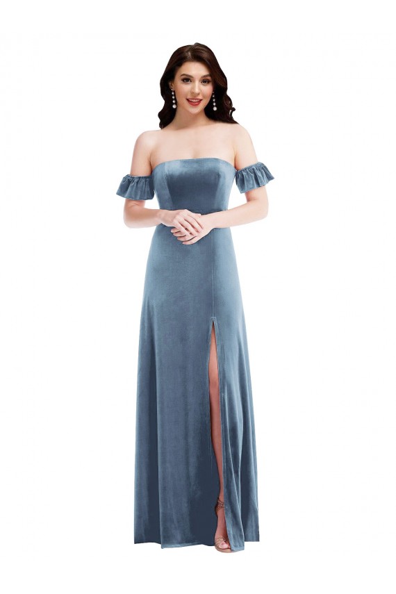 Best Ruffle Sleeve Off the Shoulder Velvet Maxi Bridesmaid Dress / Prom Dress UK