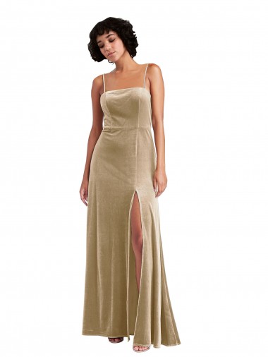 Best Square Neck Formal Velvet Maxi Bridesmaid Dress / Prom Dress with Front Slit & Pockets UK