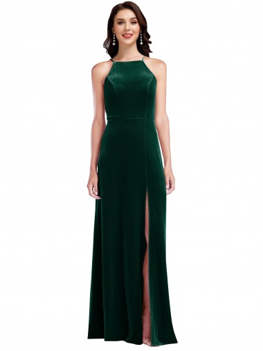Best Velvet Halter Maxi Bridesmaid Dress / Prom Dress with Pockets & Front Slit UK