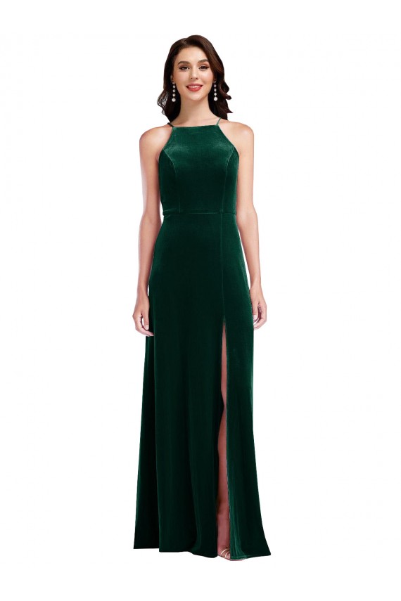 Best Velvet Halter Maxi Bridesmaid Dress / Prom Dress with Pockets & Front Slit UK