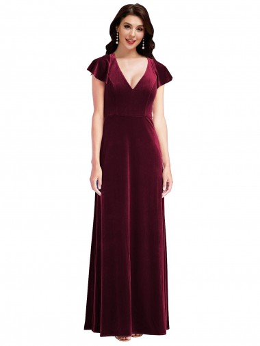 Best Flutter Sleeve Velvet Maxi Bridesmaid Dress / Prom Dress with Pockets UK