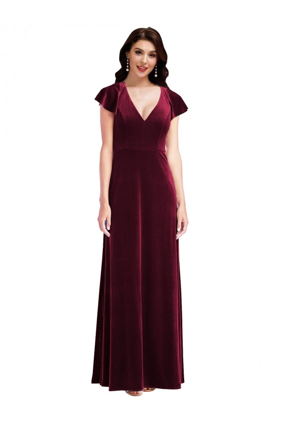 Best Flutter Sleeve Velvet Maxi Bridesmaid Dress / Prom Dress with Pockets UK