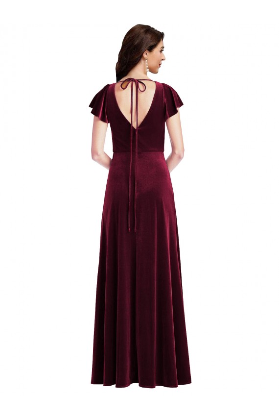 Best Flutter Sleeve Velvet Maxi Bridesmaid Dress / Prom Dress with Pockets UK