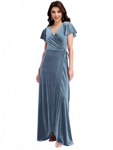 Best Flutter Sleeve Velvet Wrap Maxi Bridesmaid Dress / Prom Dress with Pockets UK