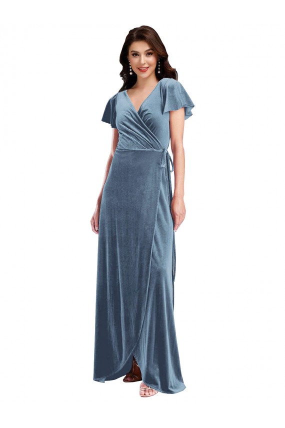 Best Flutter Sleeve Velvet Wrap Maxi Bridesmaid Dress / Prom Dress with Pockets UK