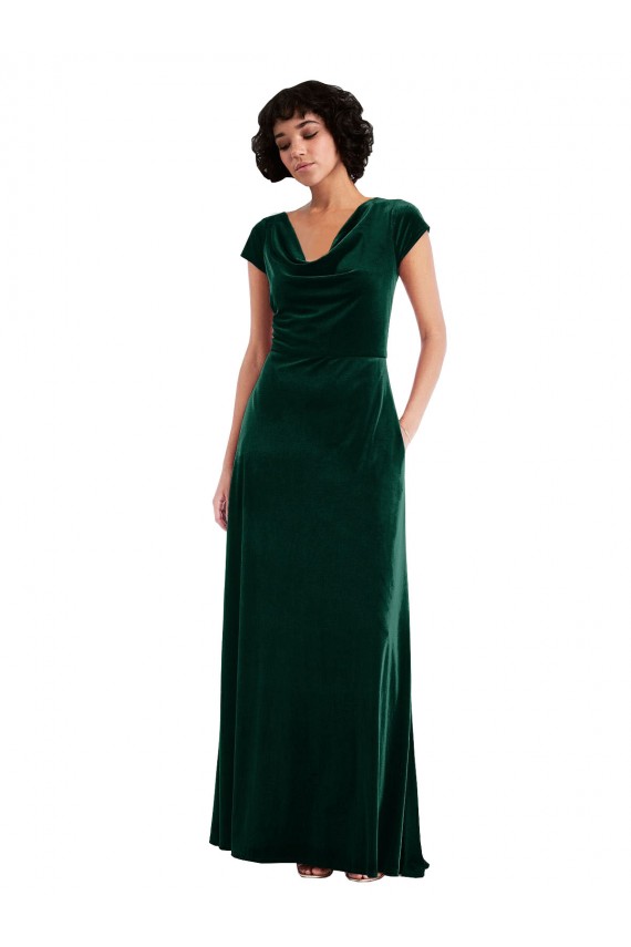 Best Cowl Neck Cap Sleeve Velvet Maxi Bridesmaid Dress / Prom Dress with Pockets UK