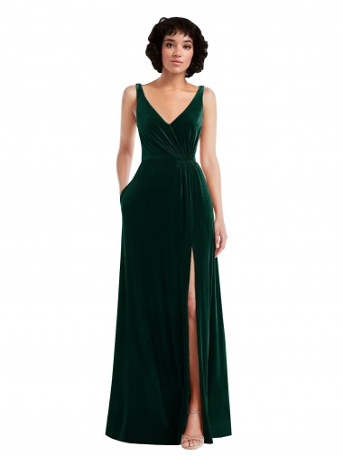 Best Floor Length Velvet Maxi Bridesmaid Dress / Prom Dress with Shirred Bodice and Front Slit UK