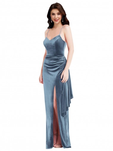 Best Spaghetti Strap Formal Velvet Maxi Bridesmaid Dress / Prom Dress with Draped Skirt UK