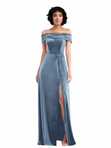 Best Draped Cuff Off the Shoulder Velvet Maxi Bridesmaid Dress / Prom Dress with Pockets UK