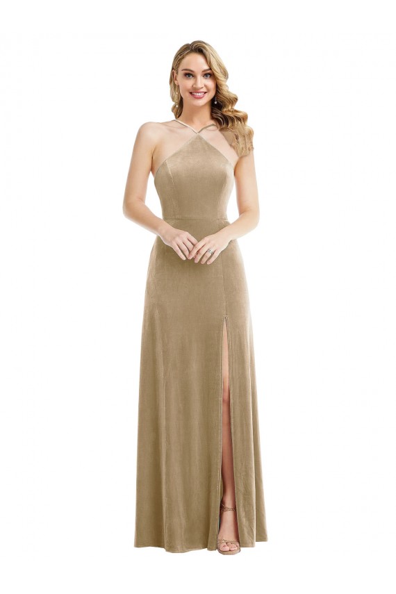 Best High Neck Halter Open Back Long Velvet Maxi Bridesmaid Dress / Prom Dress & Pockets UK